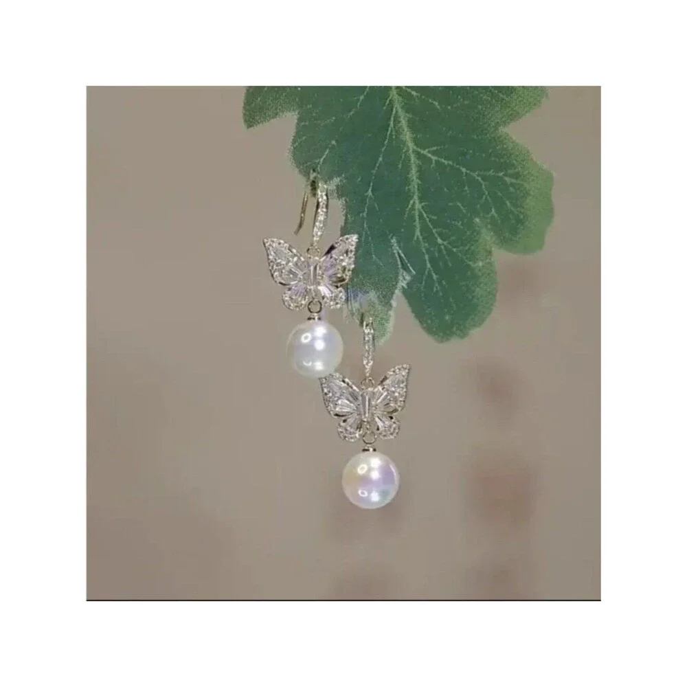 Gold Crystal Butterfly Luxury Rhinestone Drop White Pearl Statement Earrings